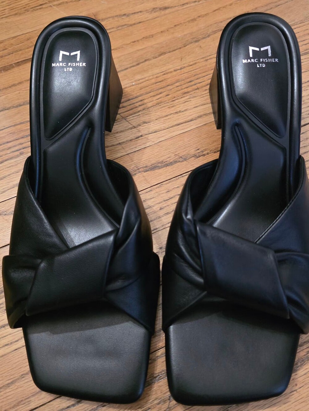 Marc Fisher Calia Black Knot-Detail Leather Block Heel Mules